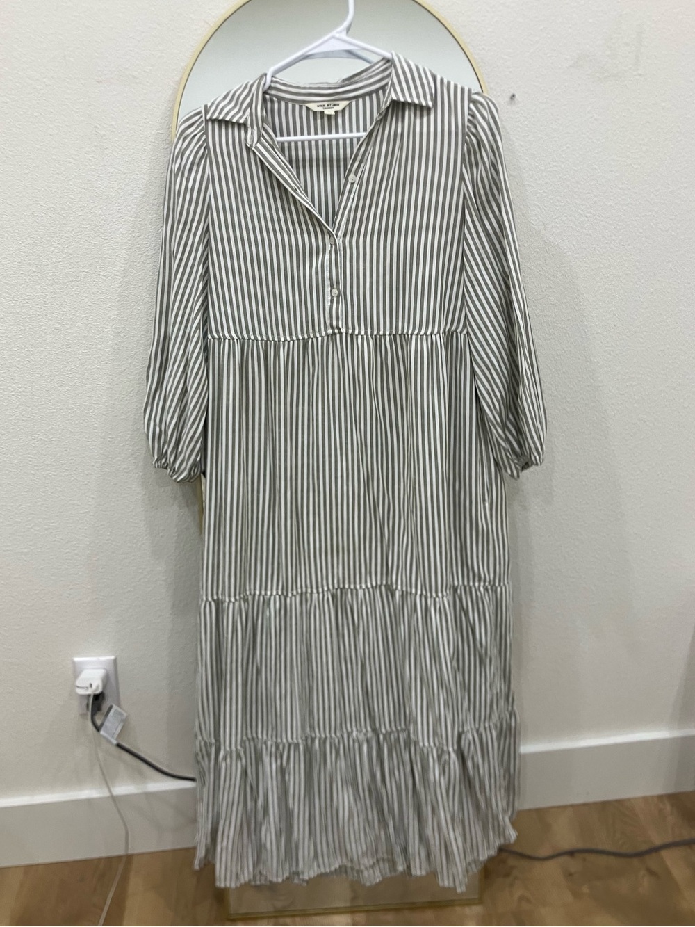 Max Studio Gray and White Striped V‑Neck Tiered Maxi Dress